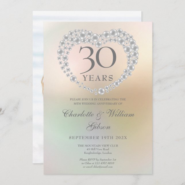 Pearl Heart 30th Wedding Anniversary Photo Invitation (Front/Back)