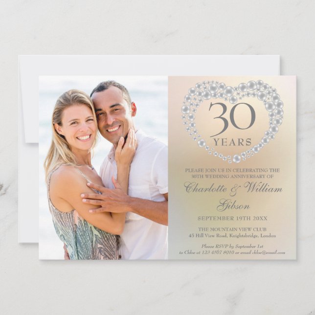 Pearl Heart 30th Wedding Anniversary Photo Invitation (Front)