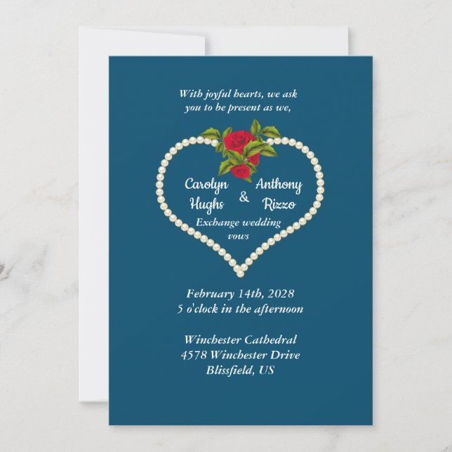 Pearl Heart and Red Roses Valentine Wedding Invitation (Front)