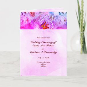 Pearl Heart Floral Pink Butterfly Folded Wedding Program