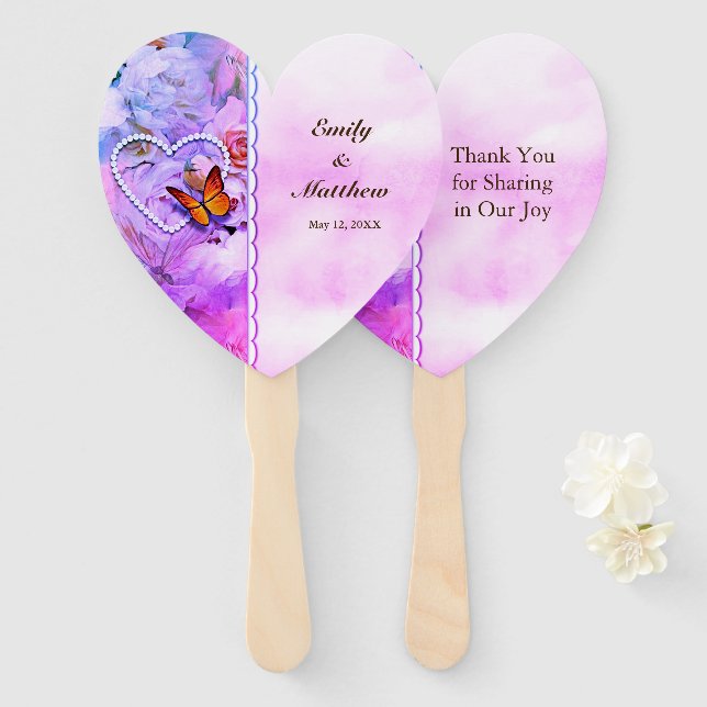 Pearl Heart Floral Pink Rose Butterfly Wedding Hand Fan (Front and Back)
