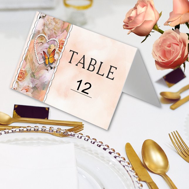 Pearl Heart Orange Floral Butterfly Numéros de tab (Pearl Heart Orange Floral Butterfly Table Numbers for weddings, anniversary, party, celebration)