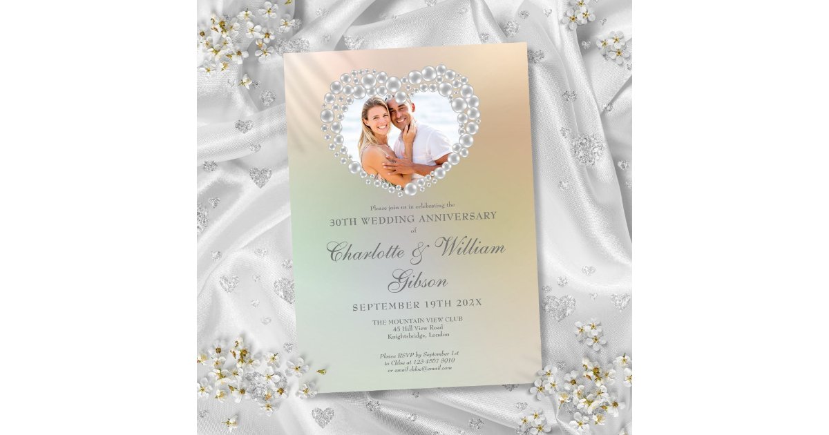 Pearl Heart Photo 30th Wedding Anniversary Invitation | Zazzle