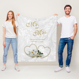 Pearl Hearts & Flowers Damask Wedding Day Memory Fleece Blanket