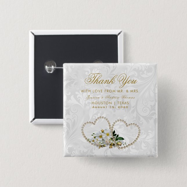 Pearl Hearts & Flowers Damask Wedding Favour 2 Inch Square Button (Front & Back)