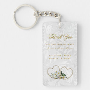 Pearl Hearts & Flowers Damask Wedding Favour Keychain