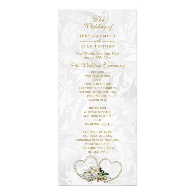 Pearl Hearts & Flowers Damask Wedding Program (Front)