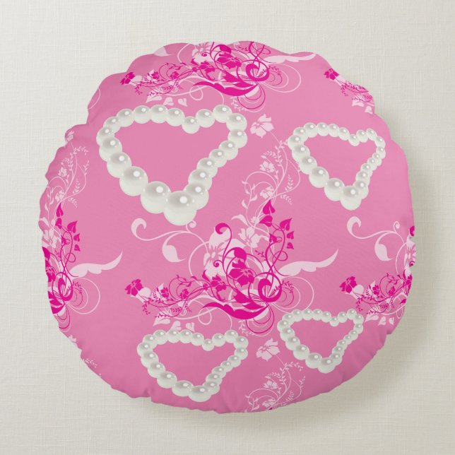 Pearl Hearts Pink Floral Swirl Round Throw Pillow (Front)