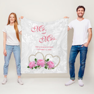 Pearl Hearts & Roses Damask Wedding Day Memory Fleece Blanket