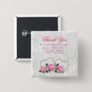 Pearl Hearts & Roses Damask Wedding Favour 2 Inch Square Button