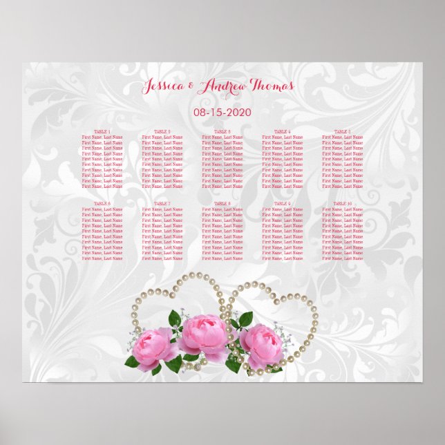 Pearl Hearts & Roses Damask Wedding Poster (Front)