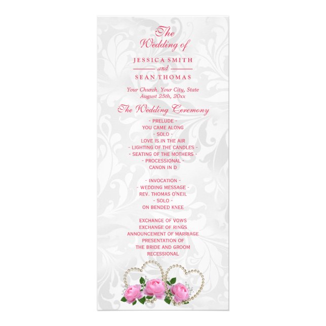 Pearl Hearts & Roses Damask Wedding Program (Front)
