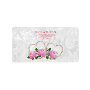 Pearl Hearts & Roses Damask Wedding return Address Label
