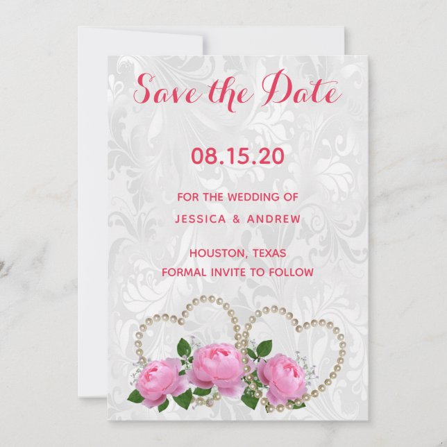 Pearl Hearts & Roses Damask Wedding Save The Date (Front)