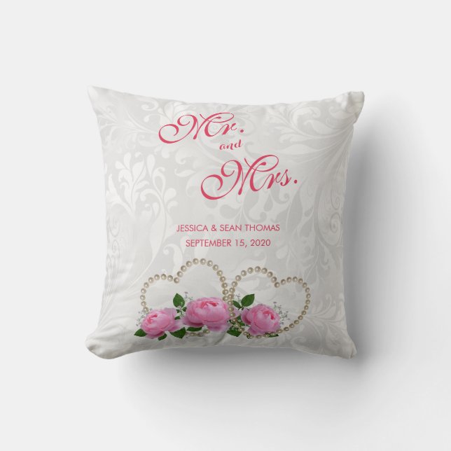Pearl Hearts & Roses Damask Wedding Throw Pillow (Front)