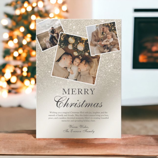 pearl ivory glitter ombre 3 photos Merry Christmas Holiday Card (pearl ivory glitter ombre 3 photos Merry Christmas Holiday Card)