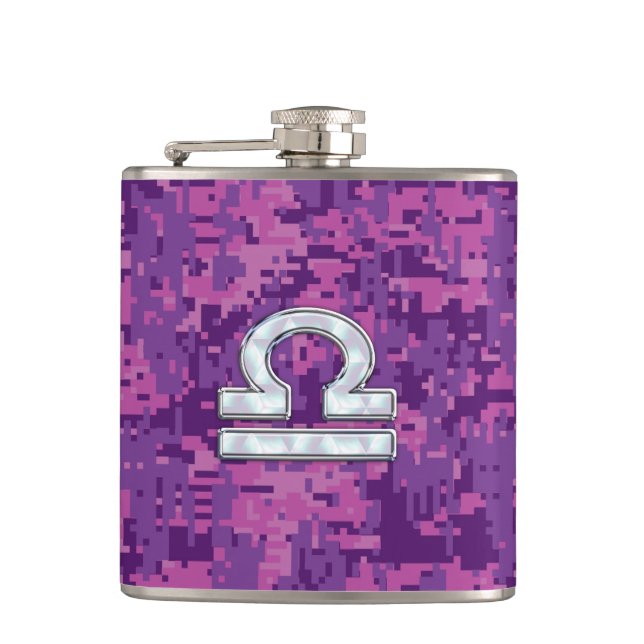 Pearl Libra Zodiac Sign on Fuchsia Digital Camo Hip Flask (Front)