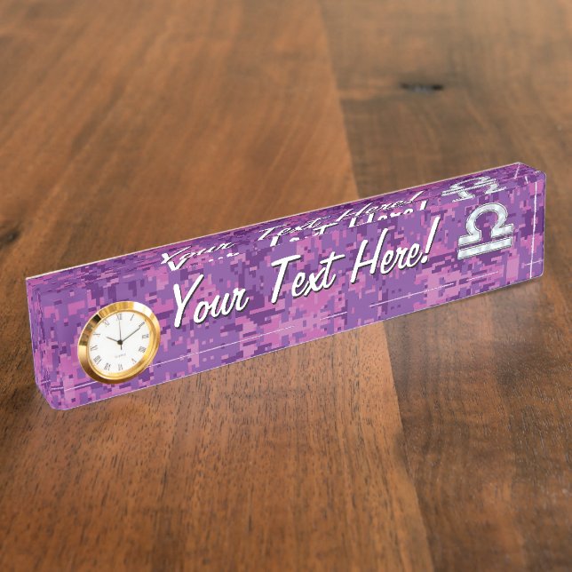 Pearl Libra Zodiac Sign on Fuchsia Digital Camo Nameplate (Side)