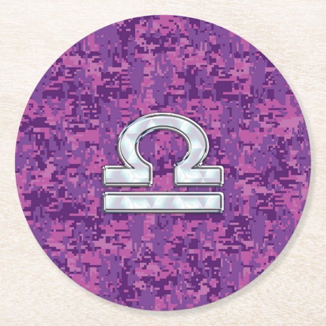 Pearl Libra Zodiac Sign on Fuchsia Digital Camo Round Paper Coaster (Front)