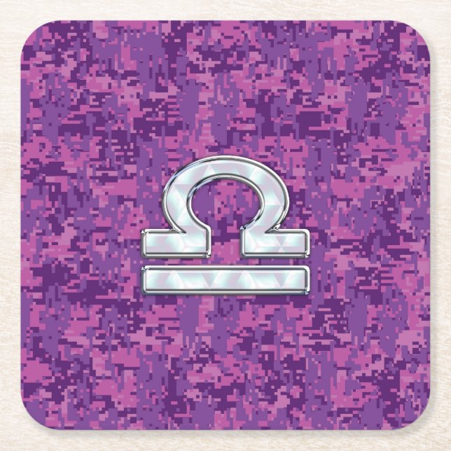 Pearl Libra Zodiac Sign on Fuchsia Digital Camo Square Paper Coaster (Front)