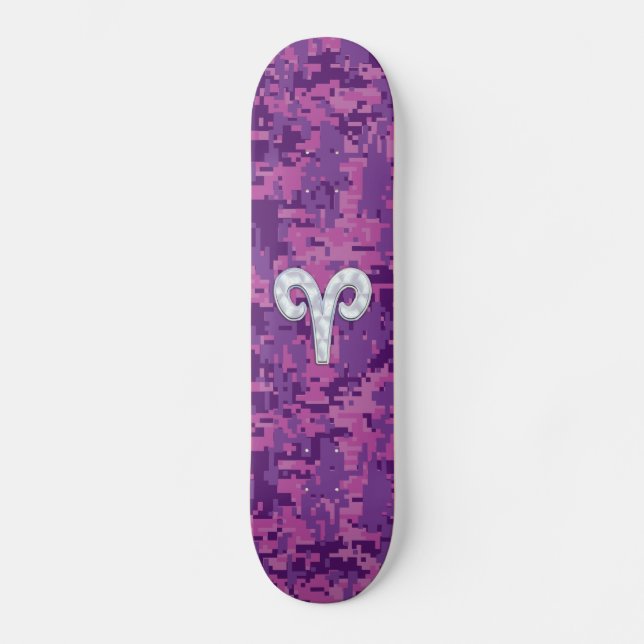 Pearl Like Aries Symbol on Pink Digital Camo Skateboard (Front)