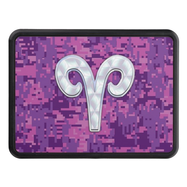 Pearl Like Aries Symbol on Pink Digital Camo Trailer Hitch Cover (Front)
