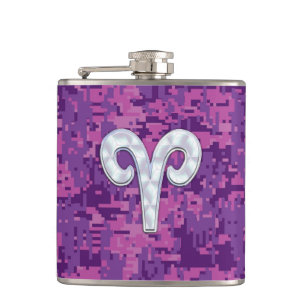 Pearl Like Aries Zodiac Symbol Digital Camouflage Hip Flask