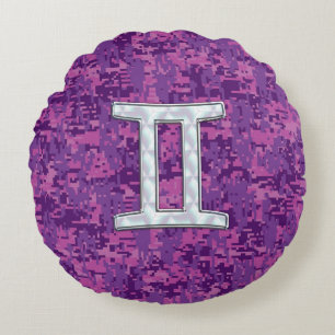 Pearl Like Gemini Zodiac Sign on Digital Camo Round Pillow