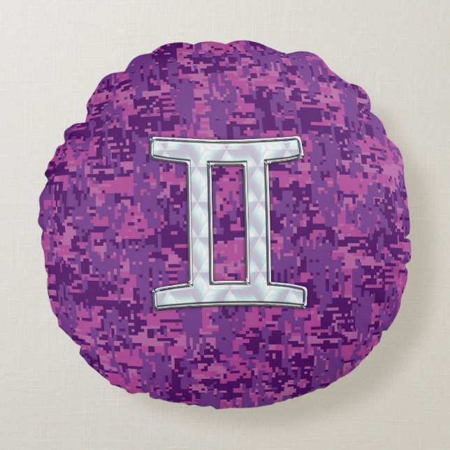 Pearl Like Gemini Zodiac Sign on Digital Camo Round Pillow (Front)