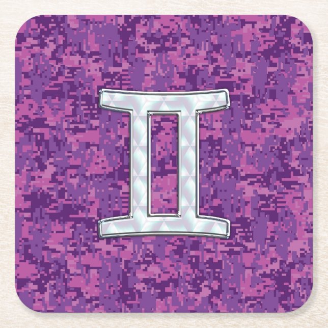Pearl Like Gemini Zodiac Sign on Digital Camo Square Paper Coaster (Front)