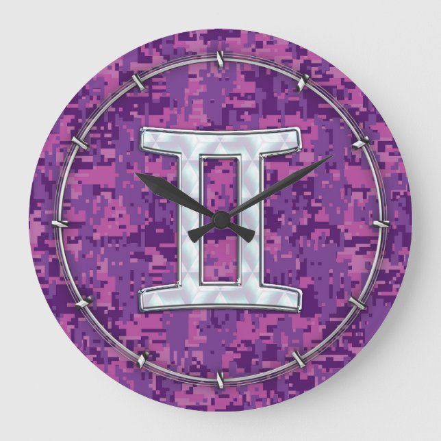 Pearl Like Gemini Zodiac Symbol Digital Camouflage Large Clock (Front)