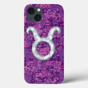 Pearl Like Taurus Zodiac Sign Fuchsia Digital Camo iPhone 13 Case