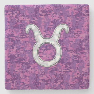 Pearl Like Taurus Zodiac Sign Fuchsia Digital Camo Stone Coaster