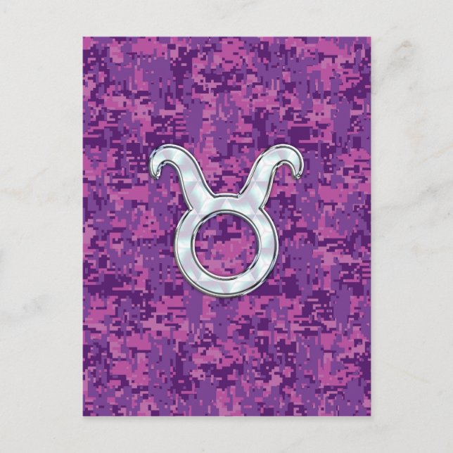 Pearl Like Taurus Zodiac Sign on Pink Digital Camo Postcard (Front)