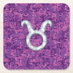Pearl Like Taurus Zodiac Sign on Pink Digital Camo Square Paper Coaster