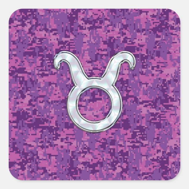 Pearl Like Taurus Zodiac Sign on Pink Digital Camo Square Sticker (Front)