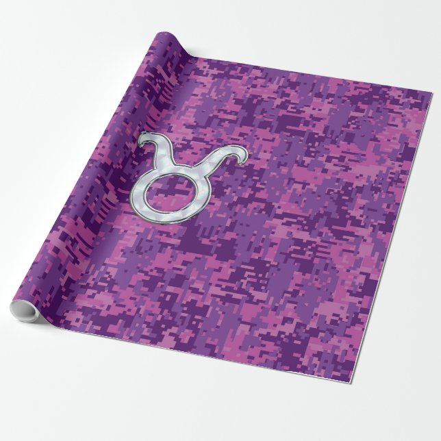 Pearl Like Taurus Zodiac Sign on Pink Digital Camo Wrapping Paper (Unrolled)