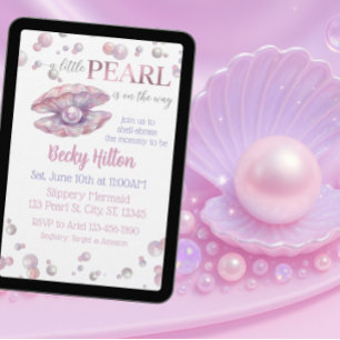 Pearl on the Way, Pink Watercolor Baby Shower Invitation