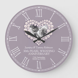 Pearl photo heart 30th wedding anniversary custom large clock