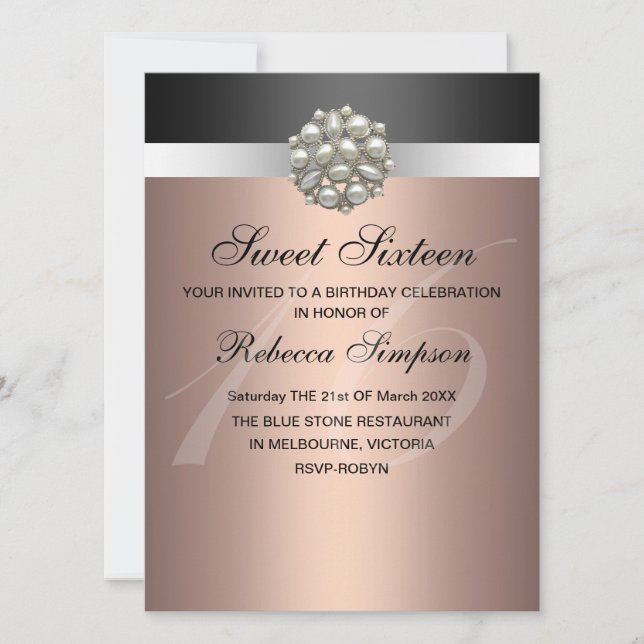 Pearl Pink & Black Sweet 16 Birthday Invitation (Front)