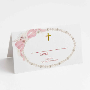 Pearl Pink Boho First Holy Communion Table Number Place Card