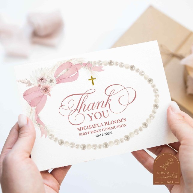 Pearl Pink Boho First Holy Communion Thank You Card (Creator Uploaded)