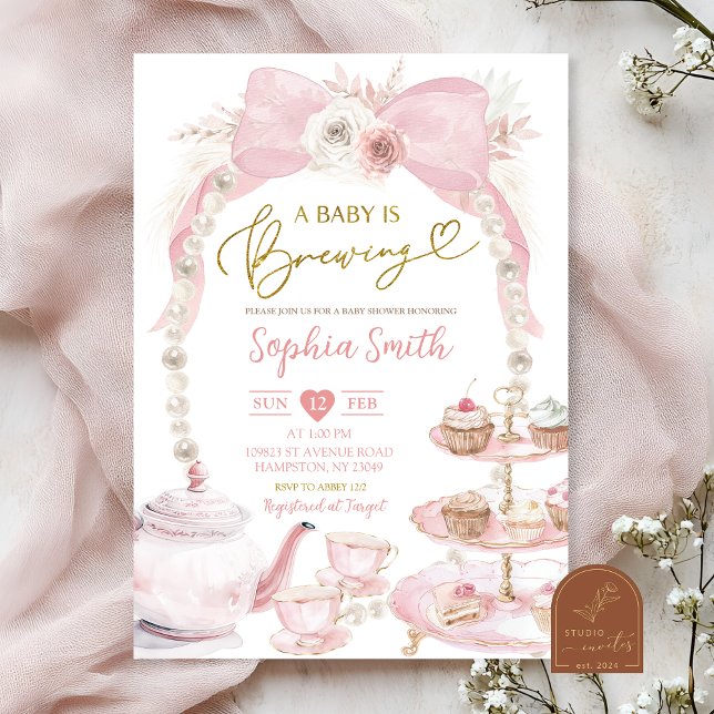 Pearl Pink Bow Tea Party Baby Shower Invitation (Creator Uploaded)