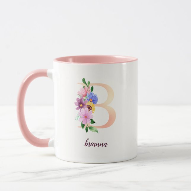 Pearl Pink Watercolor Floral Letter B Monogram Mug (Left)