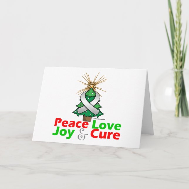 Pearl Ribbon Xmas Peace Love, Joy & Cure Holiday Card (Front)