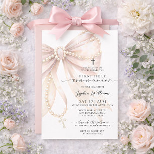 Pearl Rosary Bow First Holy Communion Invitation
