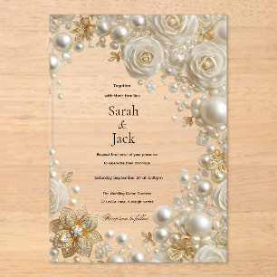 Pearl Rose and  Diamonds Wedding  Acrylic Invitations