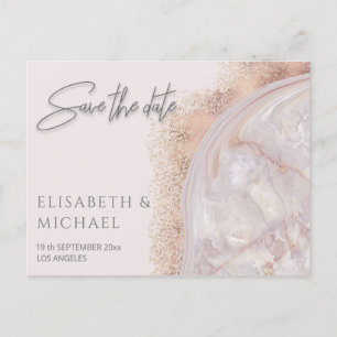 Pearl rose gold marble agate calligraphy metallic announcement postcard