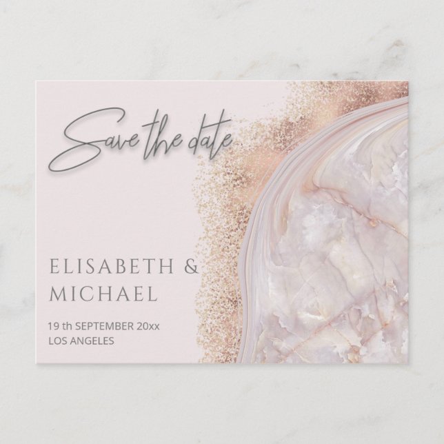 Pearl rose gold marble agate calligraphy metallic announcement postcard (Front)