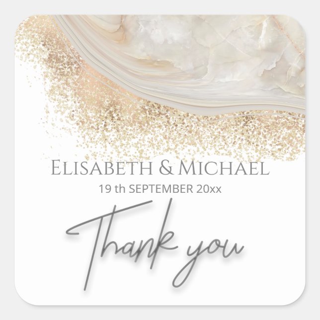 Pearl rose gold marble agate calligraphy thank you square sticker (Front)